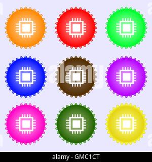 Unità centrale di elaborazione e la relativa icona. Schema di tecnologia simbolo a cerchio. Un insieme di nove diverse etichette colorate. Vettore Illustrazione Vettoriale