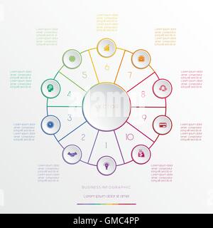 Cerchi da linee colorate, modello infografico dieci posizioni Illustrazione Vettoriale