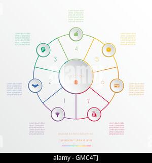 Cerchi da linee colorate, modello infografico sette posizioni Illustrazione Vettoriale