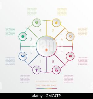 Cerchi da linee colorate, modello infografico otto posizioni Illustrazione Vettoriale