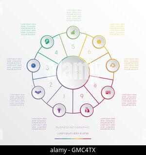 Cerchi da linee colorate, modello infografico nove posizioni Illustrazione Vettoriale