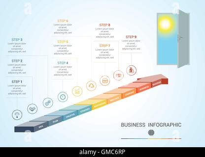 Modello da parti frecce colorate, concettuale infographics numerati per 9 posizioni Illustrazione Vettoriale