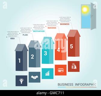 Modello infographics concettuale, frecce colorate e porta, 5 posizioni Illustrazione Vettoriale