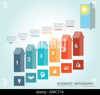 Modello infographics concettuale, frecce colorate e porta a 6 posizioni Illustrazione Vettoriale