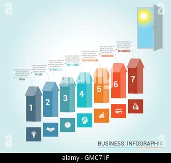 Modello infographics concettuale, frecce colorate e porta, 7 posizioni Illustrazione Vettoriale