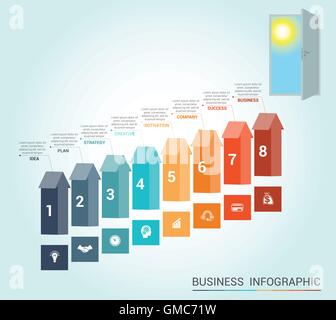 Modello infographics concettuale, frecce colorate e porta, 8 posizioni Illustrazione Vettoriale