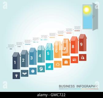 Modello infographics concettuale, frecce colorate e porta, 9 posizioni Illustrazione Vettoriale