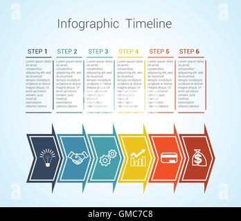 Timeline modello colorato infografico frecce orizzontali numerate per sei posizione può essere usata per il flusso di lavoro, banner, diagramma Illustrazione Vettoriale