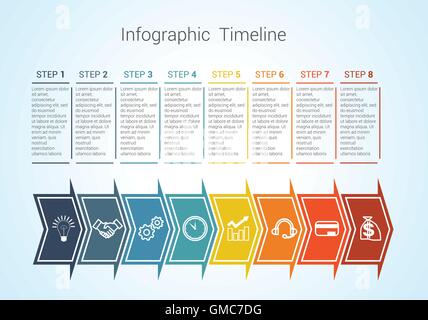 Timeline modello colorato infografico frecce orizzontali numerate per otto posizione può essere usata per il flusso di lavoro, banner, diagramma Illustrazione Vettoriale