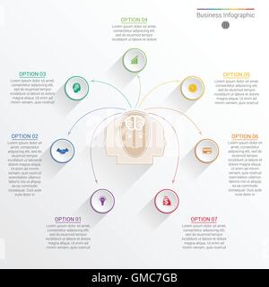 Elemento per il modello di business ed infografico concetto con sette opzioni, componenti o processi. Illustrazione Vettoriale