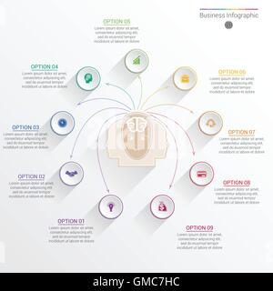Elemento per il modello di business ed infografico concetto con nove opzioni, componenti o processi. Illustrazione Vettoriale
