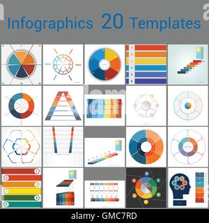 Infographics 20 modelli, area di testo su sei posizione, può essere utilizzato per il flusso di lavoro del processo di business, banner, diagramma, opzioni numero Illustrazione Vettoriale