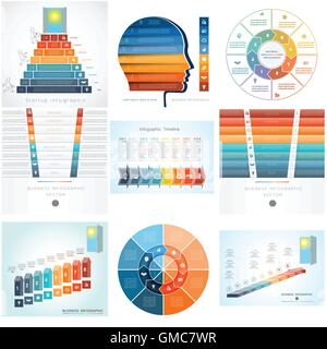 Nove modelli di elemento Infographics diagramma con otto gradini, opzioni, parti, processi. Illustrazione Vettoriale