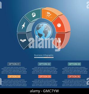 Modello di business infographics concetto parti colorate semicerchio e globe, numerate per sei posizioni, opzioni parti Illustrazione Vettoriale