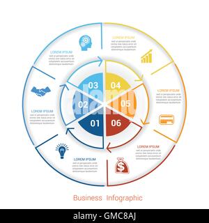 Modello infografico posizione sei, fasi, componenti con area di testo, illustrazione vettoriale colorate a forma di cerchio parti. Illustrazione Vettoriale