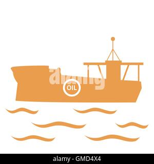 Icona stilizzata della petroliera di olio galleggiante su onde su sfondo bianco Illustrazione Vettoriale