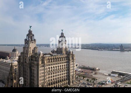 Royal Liver Building, Liverpool. Gli uccelli di fegato statue cercando sul fiume Mersey, Liverpool Foto Stock