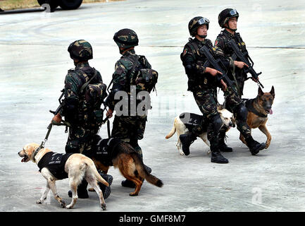 Shanghai, Cina. 26 Ago, 2016. Pattuglia di soldati con cani durante un anti-trapano il terrore a Shanghai in Cina orientale, Agosto 26, 2016. Credit: ventola Jun/Xinhua/Alamy Live News Foto Stock