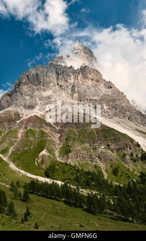 Le Dolomiti, Trentino, Italia settentrionale. Vista estiva del Cimon della Pala (3184m), visto dal Passo Rolle Foto Stock