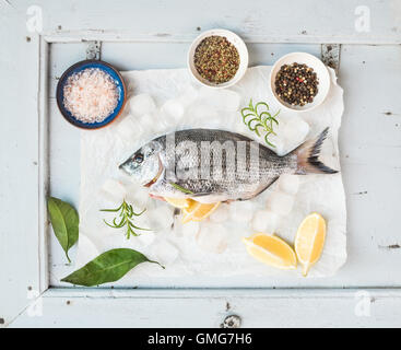 Non cotte fresche Orate di mare Pesce con limone, erbe, ghiaccio e spezie Foto Stock