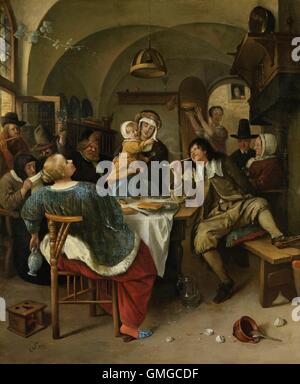 Famiglia Scena, Jan Steen, 1660-79, olio su pannello, pittura olandese, olio su pannello. Famiglia cantando e ballando intorno a un tavolo con vetro sollevato, cibo e suonare il flauto. I gusci e Pentola ribaltata in primo piano piano indicano baldoria nell'affollata interni (BSLOC 2016 3 253) Foto Stock