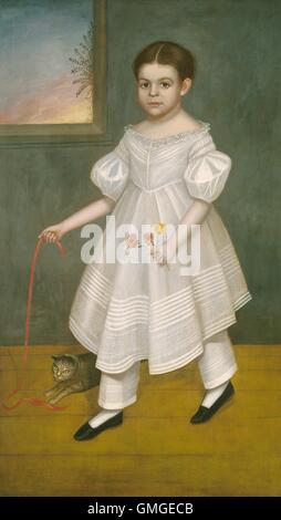 Ragazza con un gattino, Giuseppe Goodhue Chandler, 1836-38, American pittura naive, olio su tela. Nato nel Massachusetts, Chandler era un tipico del XIX secolo American Folk artista, viaggiare da un luogo ad un altro dipinto ritratti. I suoi ritratti di bambini spesso (BSLOC 2016 6 109) Foto Stock