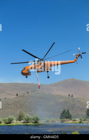 Erickson, elicottero antincendio Helitanker utilizza il suo snorkeling hover per riempire Il suo serbatoio d'acqua che combatte il fuoco selvatico Clark California USA Foto Stock