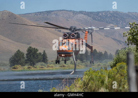 L'elicottero da combattimento Erickson Helitanker utilizza il suo snorkeling per riempire il serbatoio d'acqua mentre combatte il fuoco selvatico Clark, California, USA Foto Stock