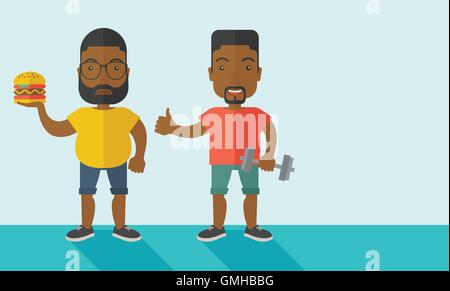 Gli uomini in piedi con hamburger e un manubrio. Illustrazione Vettoriale