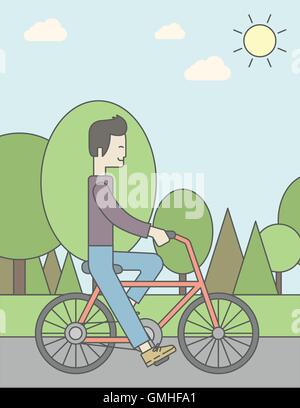 Uomo asiatico equitazione bicicletta nel parco. Illustrazione Vettoriale