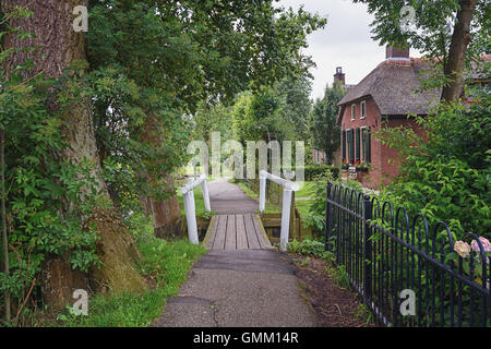 Giethoorn nei Paesi Bassi è noto per i suoi ponti, vie navigabili, cottage con il tetto di paglia e gli scommettitori ed è noto anche come Venezia olandese Foto Stock