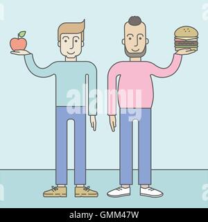 Gli uomini in piedi con hamburger e Apple. Illustrazione Vettoriale