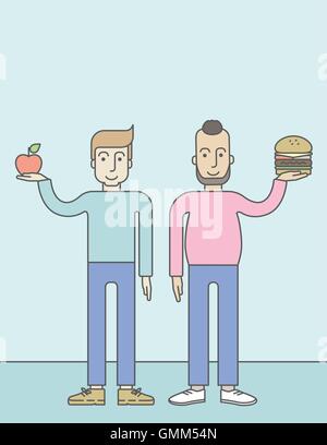 Gli uomini in piedi con hamburger e Apple. Illustrazione Vettoriale