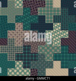 Vector Seamless Cross Patchwork Quilt Pattern in verde e marrone Colori Illustrazione Vettoriale