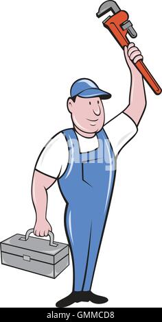 Plumber Toolbox sollevamento Monkey Wrench Cartoon Illustrazione Vettoriale