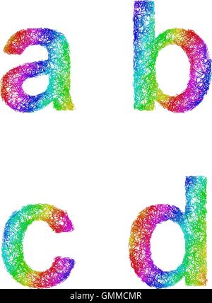 Rainbow sketch font set - lettere minuscole a,b,c,d Illustrazione Vettoriale