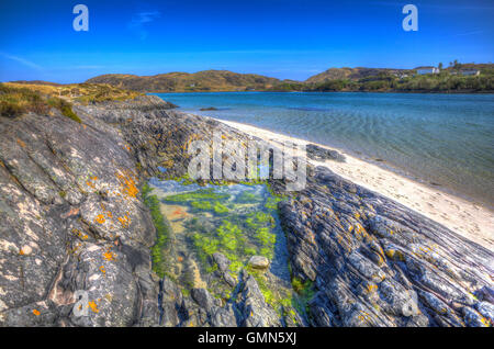 Rock pool Morar coast Scozia UK bella costa scozzese a sud di Mallaig in HDR Foto Stock