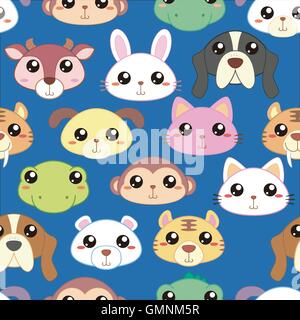 Teste di animali seamless pattern, animali adorabili testa in stile cartoon Illustrazione Vettoriale