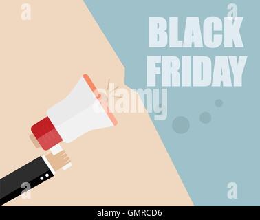 Venerdì nero. Imprenditore mano che tiene un megafono, News e discorso bolla, vettore Illustrazione Vettoriale