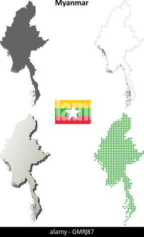 Myanmar mappa di contorno impostato Illustrazione Vettoriale