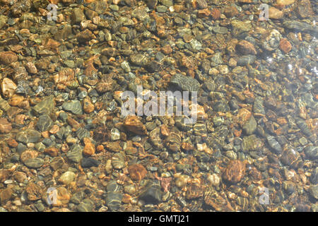 Sfondo di ciottoli di fiume sotto l'acqua chiara. Fondo roccioso del laghetto sotto il sole. Foto Stock