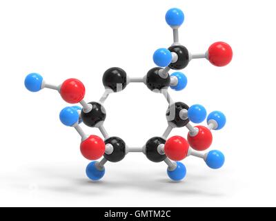 Zuccheri di glucosio, modello molecolare. Gli atomi sono rappresentati da sfere e sono codificati a colori: carbonio (nero), Idrogeno (blu) e ossigeno (rosso). Foto Stock