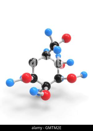 Zuccheri di glucosio, modello molecolare. Gli atomi sono rappresentati da sfere e sono codificati a colori: carbonio (nero), Idrogeno (blu) e ossigeno (rosso). Foto Stock