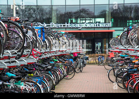 Biciclette memorizzati presso la stazione centrale di Den Haag Holland Foto Stock