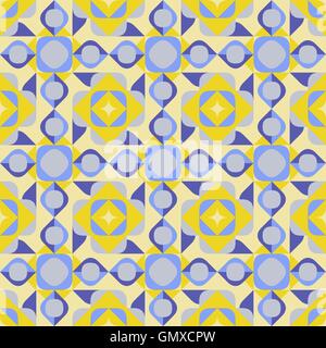 Vector Seamless quadrato geometrico triangolo forme cerchio giallo blu modello Quilt Illustrazione Vettoriale