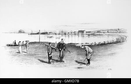 Foratura su North Berwick Golf dal punto Garry Golf. Lo sport è stato svolto per la storica West Links corso a partire dal XVII secolo con il Club essendo formata in 1832. Con il Firth of Forth, Bass Rock e North Berwick città in background (da 'Sketches in East Lothian' da Thomas B. Blacklock...1892) Foto Stock