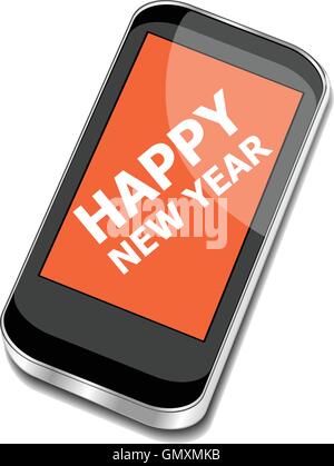 Smart phone con Felice Anno Nuovo saluti sullo schermo, vettore holiday card Illustrazione Vettoriale