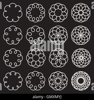 Set di sedici Spirograph cerchi in linea Decorativa elementi di design Illustrazione Vettoriale