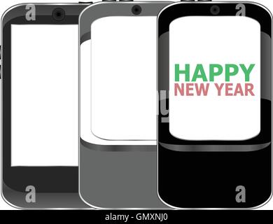 Smart phone con Felice Anno Nuovo saluti sullo schermo, vettore holiday card Illustrazione Vettoriale