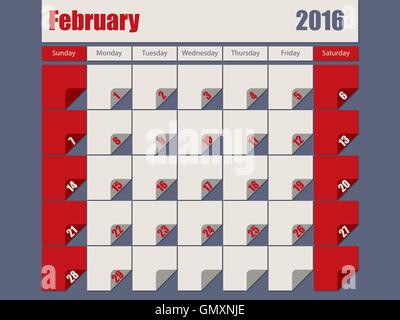 Grigio colorato di rosso 2016 febbraio calendario Illustrazione Vettoriale